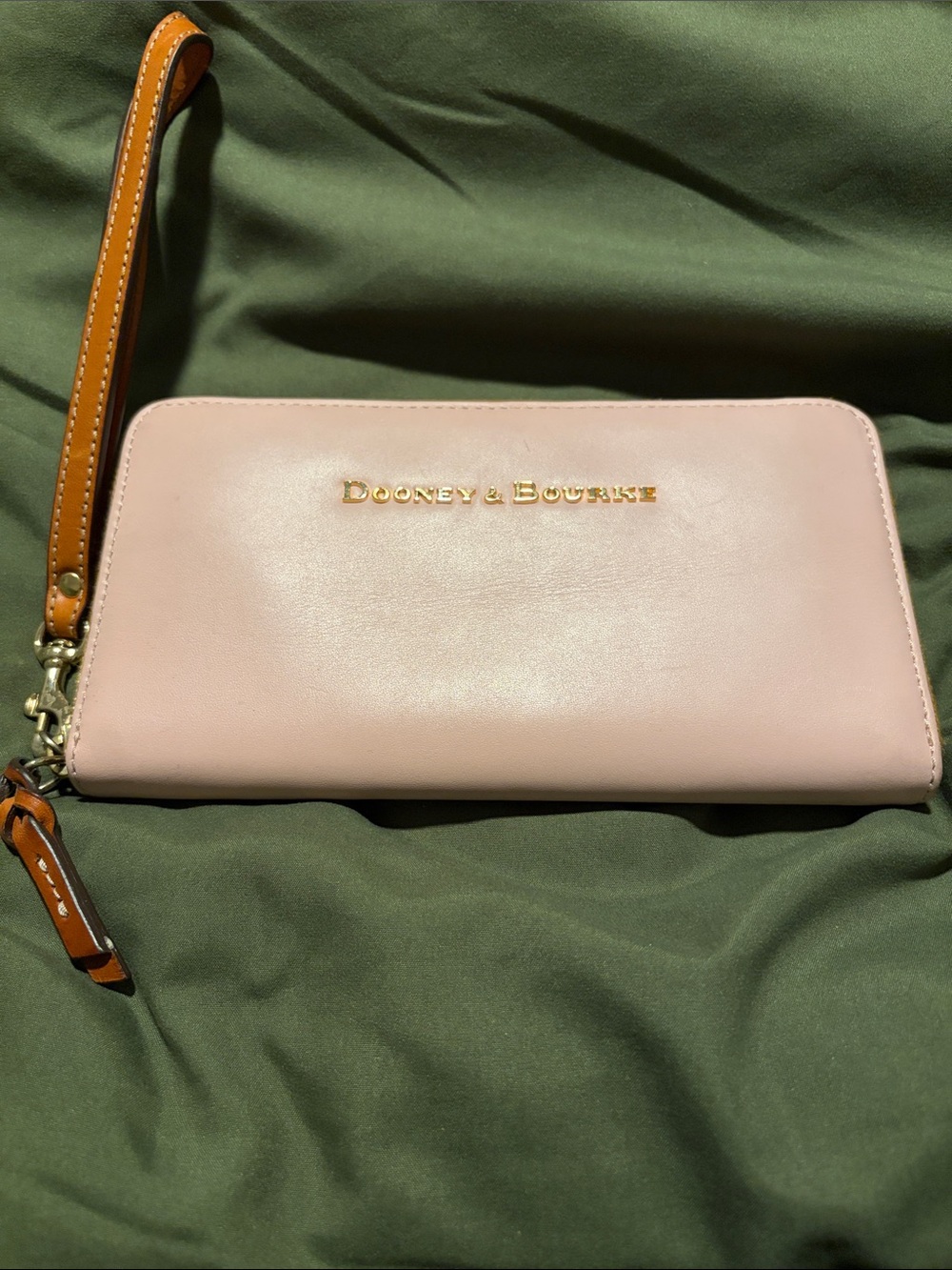 Dooney & Bourke Blush Pink Leather Wristlet with Tan Strap